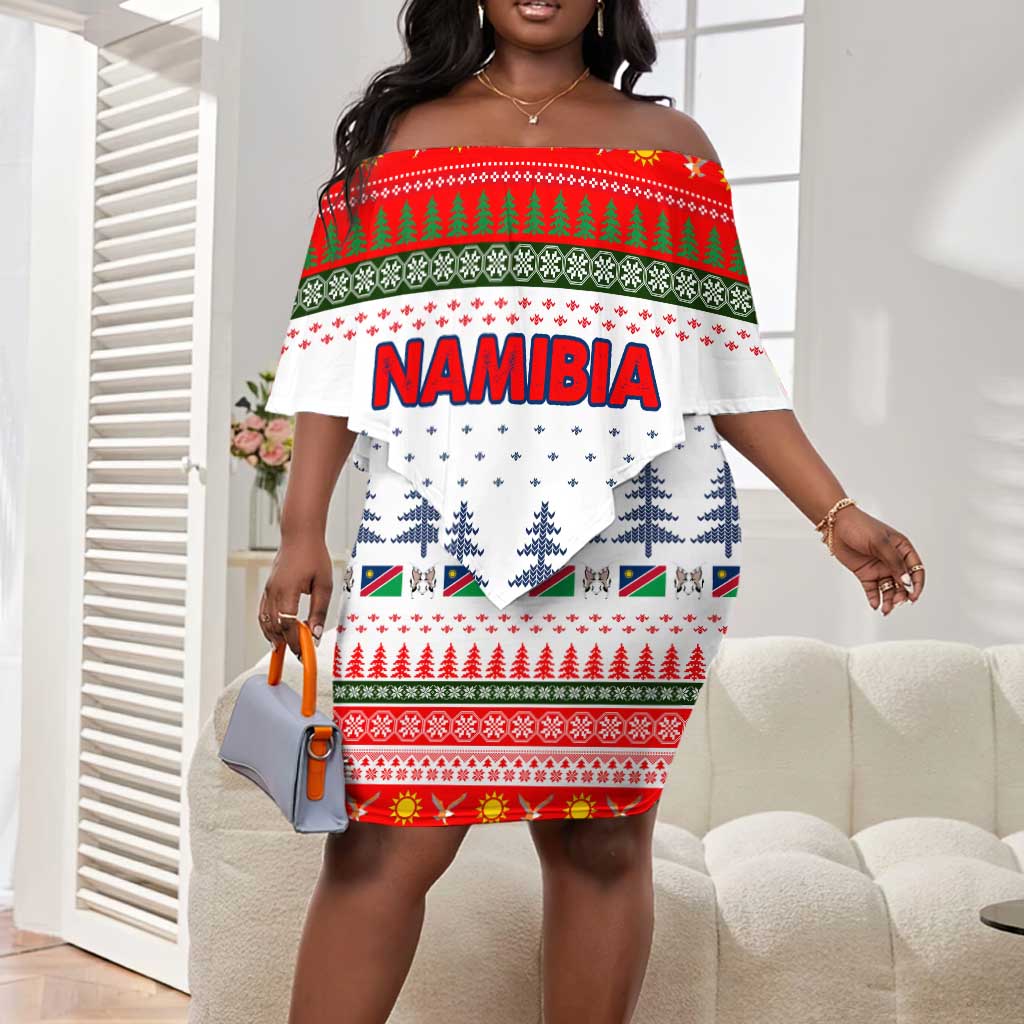 Namibia Christmas Off Shoulder Short Dress Coat of Arm National Flag Motif - African Pride