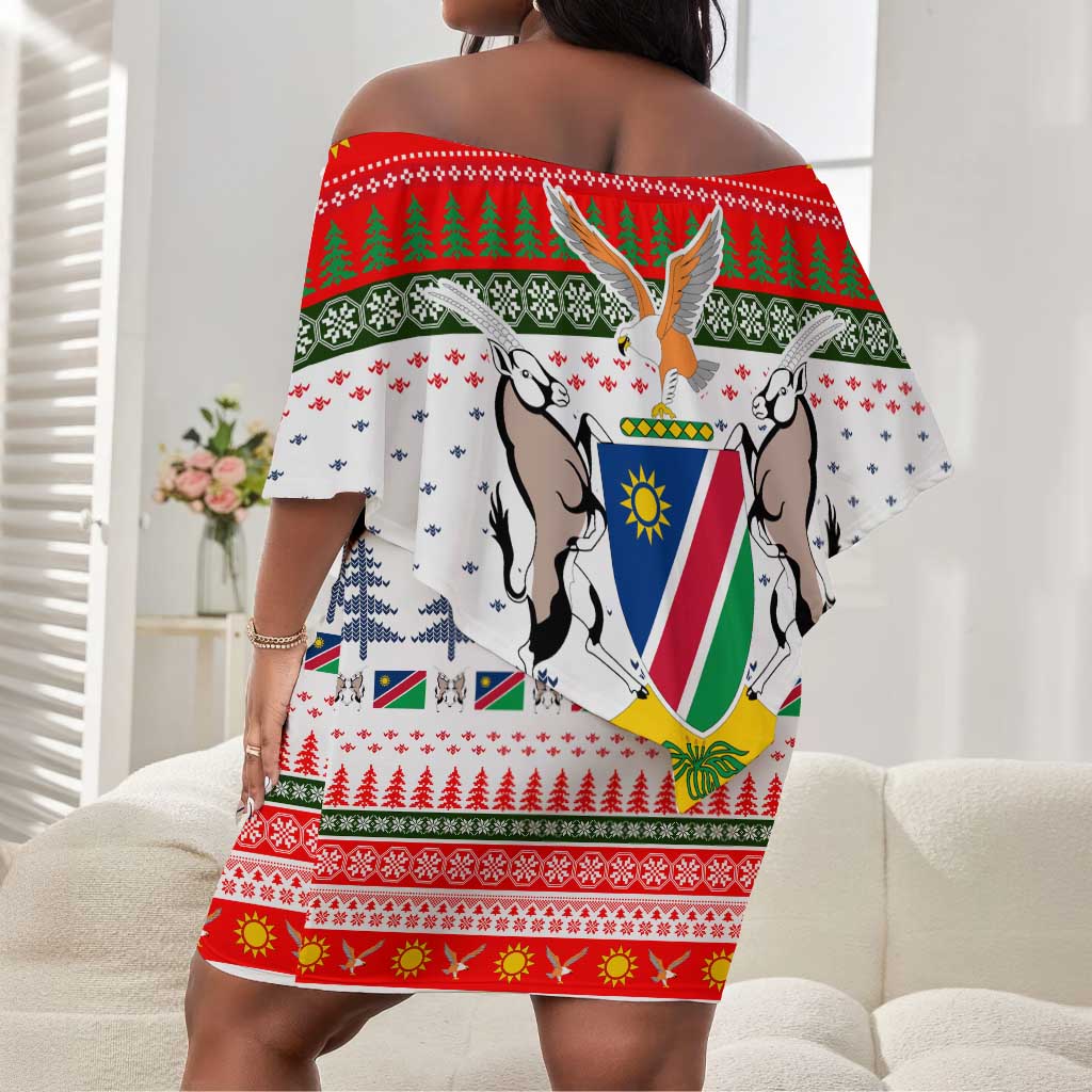 Namibia Christmas Off Shoulder Short Dress Coat of Arm National Flag Motif - African Pride