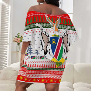 Namibia Christmas Off Shoulder Short Dress Coat of Arm National Flag Motif - African Pride