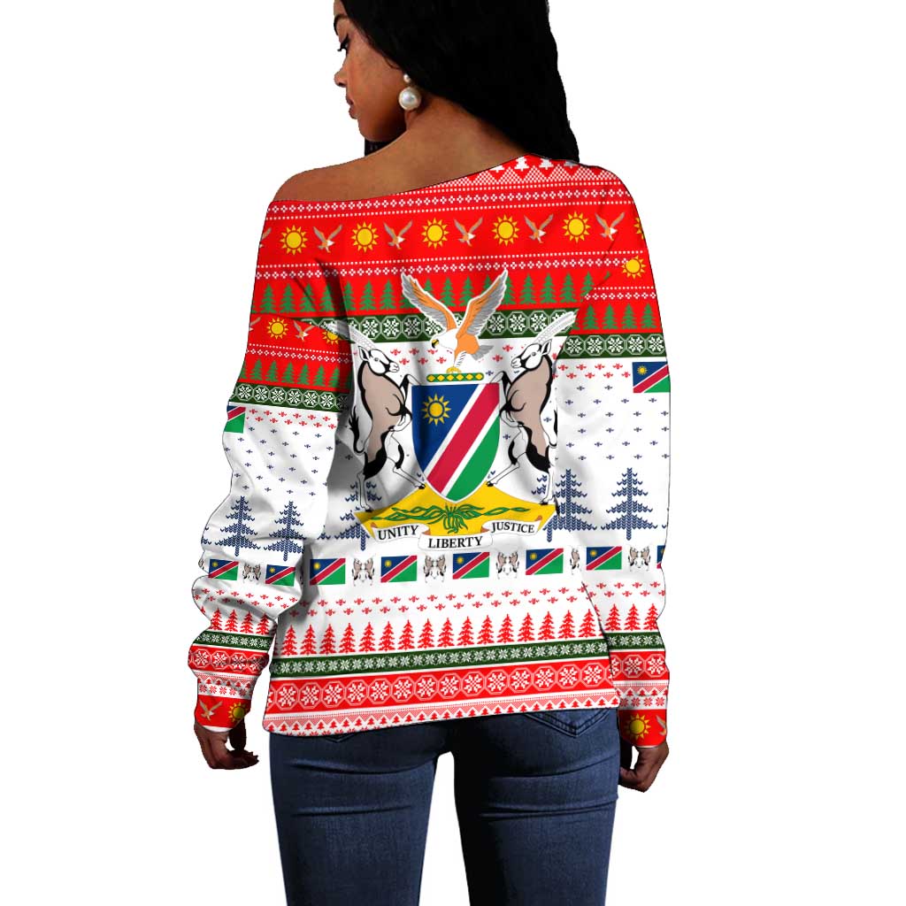 Namibia Christmas Off Shoulder Sweater Coat of Arm National Flag Motif - African Pride