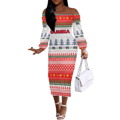 Namibia Christmas Off The Shoulder Long Sleeve Dress Coat of Arm National Flag Motif - African Pride