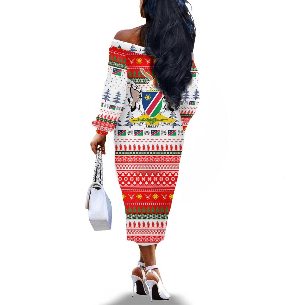 Namibia Christmas Off The Shoulder Long Sleeve Dress Coat of Arm National Flag Motif - African Pride