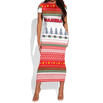 Namibia Christmas Short Sleeve Bodycon Dress Coat of Arm National Flag Motif - African Pride