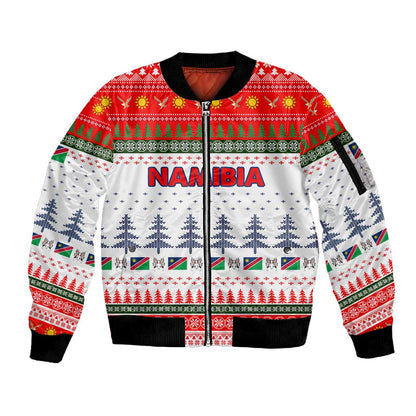 Namibia Christmas Sleeve Zip Bomber Jacket Coat of Arm National Flag Motif - African Pride