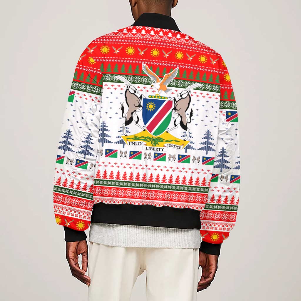 Namibia Christmas Sleeve Zip Bomber Jacket Coat of Arm National Flag Motif - African Pride