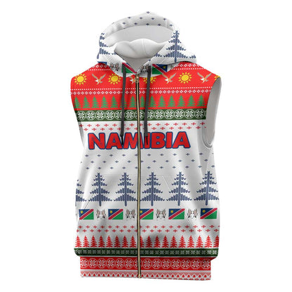 Namibia Christmas Sleeveless Zip Hoodie Coat of Arm National Flag Motif - African Pride