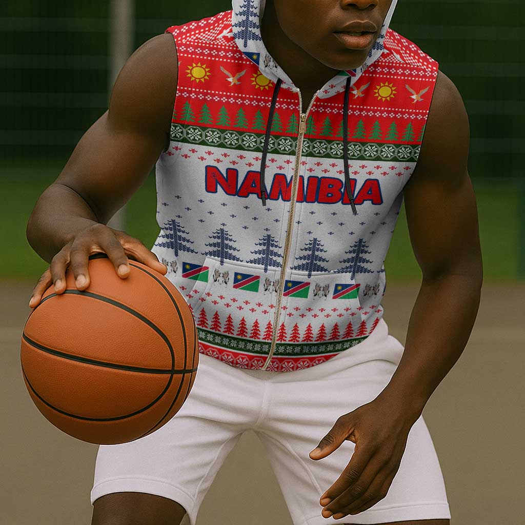 Namibia Christmas Sleeveless Zip Hoodie Coat of Arm National Flag Motif - African Pride