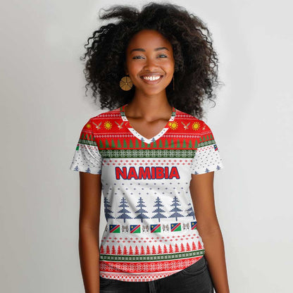 Namibia Christmas Women V-Neck T-Shirt Coat of Arm National Flag Motif - African Pride