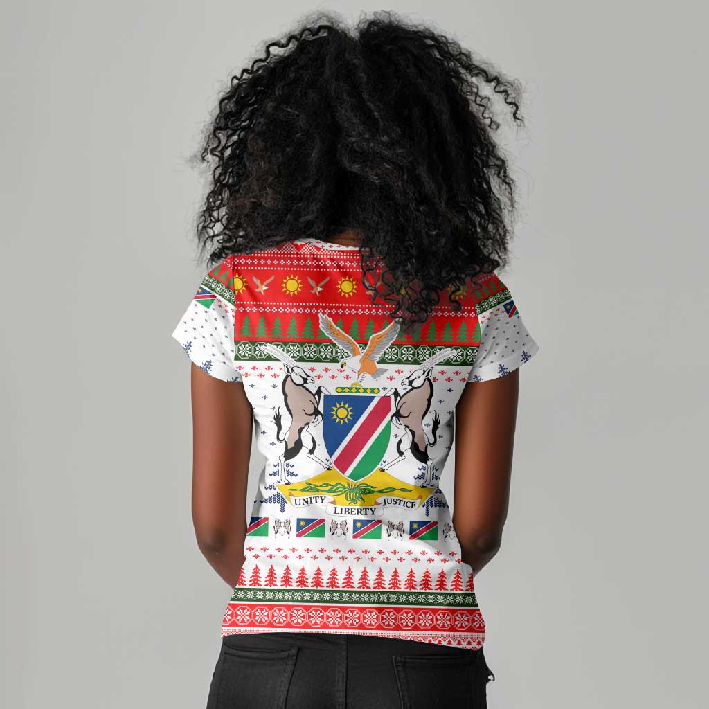 Namibia Christmas Women V-Neck T-Shirt Coat of Arm National Flag Motif - African Pride