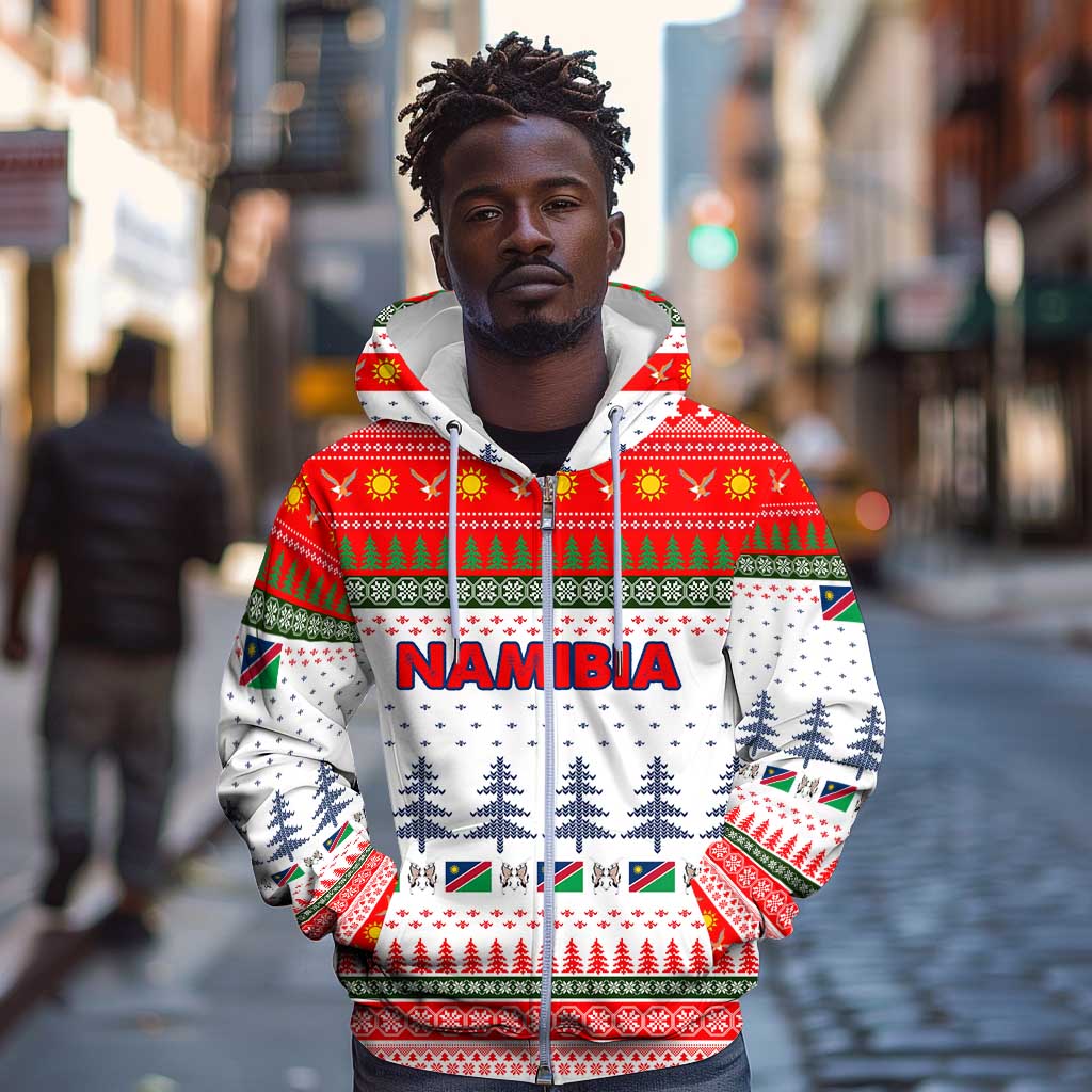 Namibia Christmas Zip Hoodie Coat of Arm National Flag Motif - African Pride