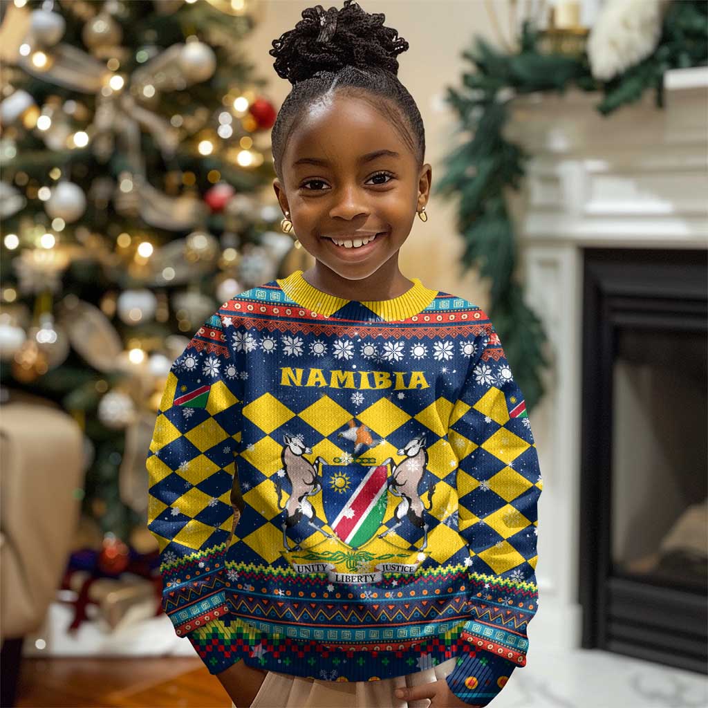 Namibia Christmas Kid Ugly Christmas Sweater Coat of Arms and Flag Map Motif - African Pride