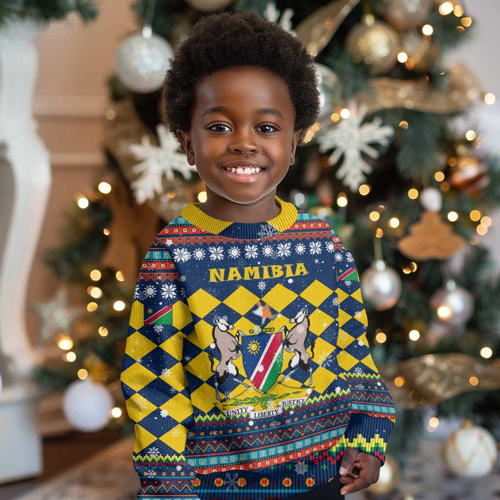 Namibia Christmas Kid Ugly Christmas Sweater Coat of Arms and Flag Map Motif - African Pride