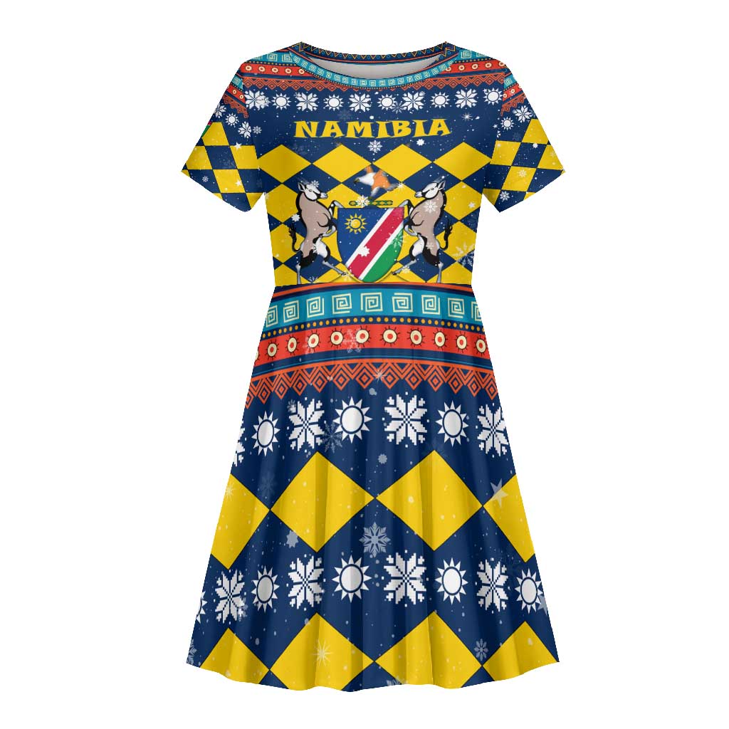 Namibia Christmas Kid Short Sleeve Dress Coat of Arms and Flag Map Motif - African Pride