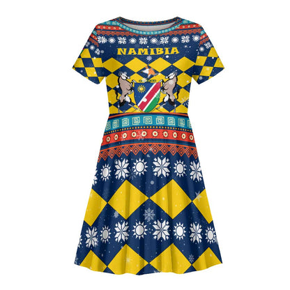 Namibia Christmas Kid Short Sleeve Dress Coat of Arms and Flag Map Motif - African Pride