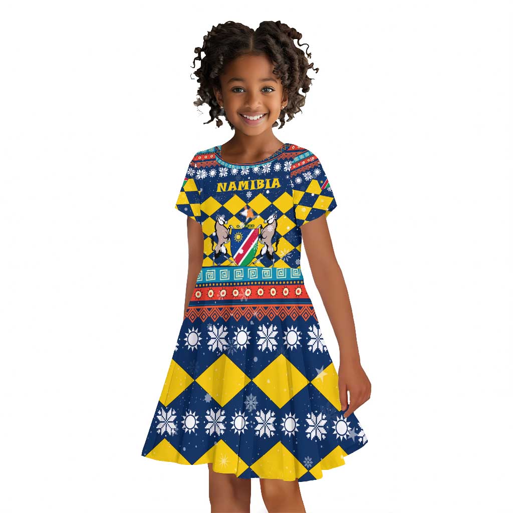 Namibia Christmas Kid Short Sleeve Dress Coat of Arms and Flag Map Motif - African Pride