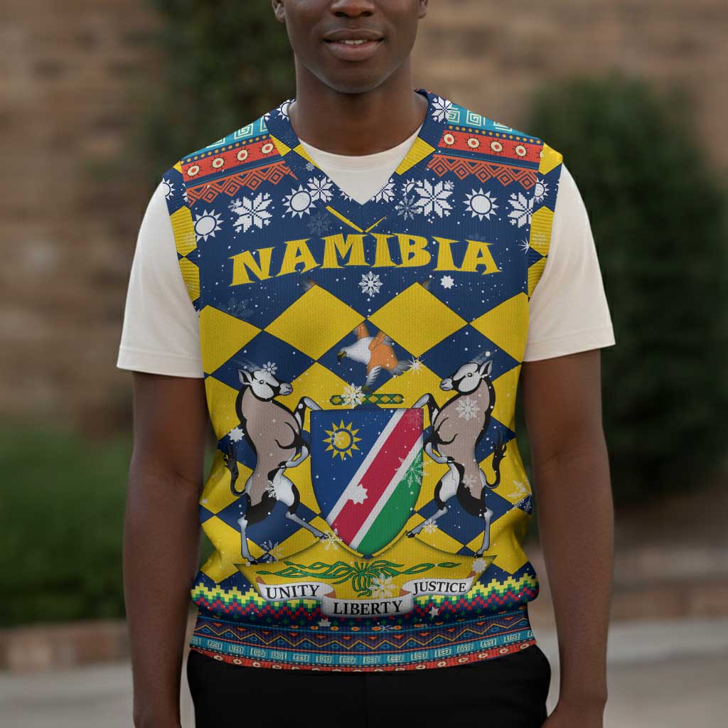 Namibia Christmas Knitted V-Neck Vest Coat of Arms and Flag Map Motif - African Pride