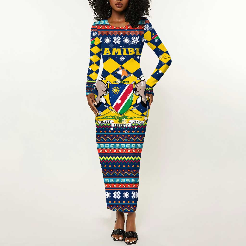 Namibia Christmas Long Sleeve Bodycon Dress Coat of Arms and Flag Map Motif - African Pride
