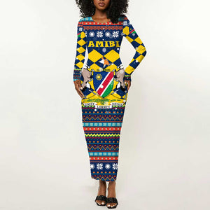 Namibia Christmas Long Sleeve Bodycon Dress Coat of Arms and Flag Map Motif - African Pride