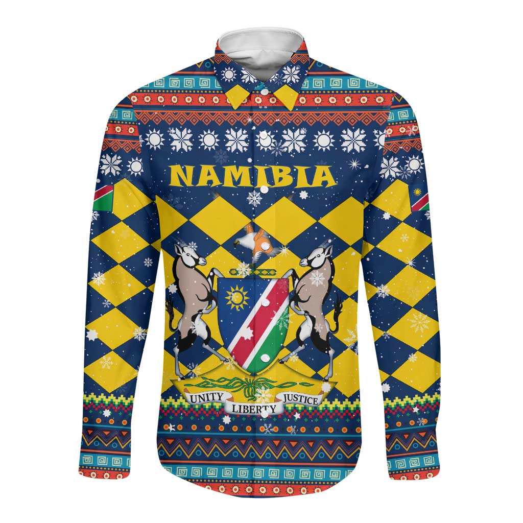 Namibia Christmas Long Sleeve Button Shirt Coat of Arms and Flag Map Motif - African Pride