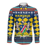Namibia Christmas Long Sleeve Button Shirt Coat of Arms and Flag Map Motif - African Pride