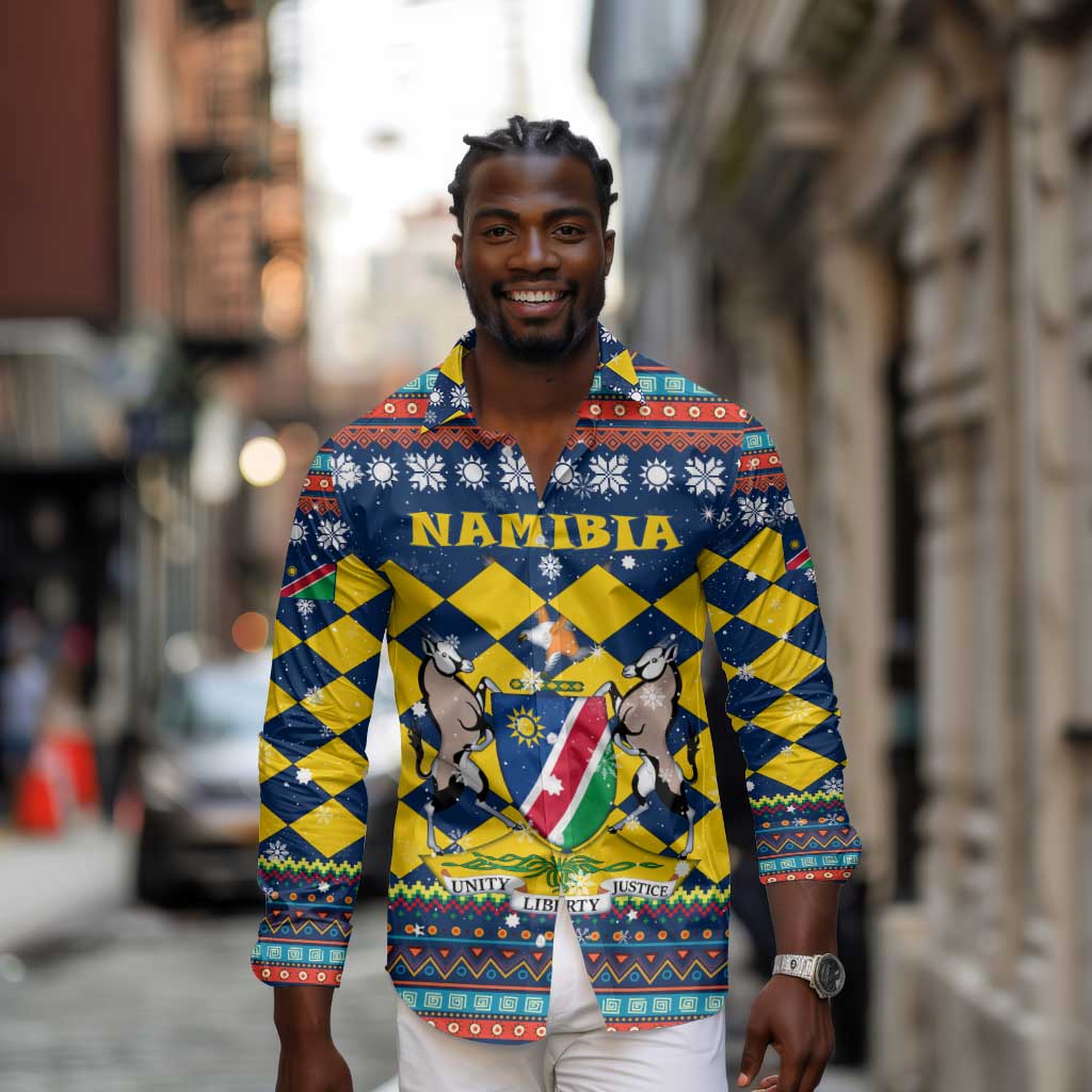 Namibia Christmas Long Sleeve Button Shirt Coat of Arms and Flag Map Motif - African Pride