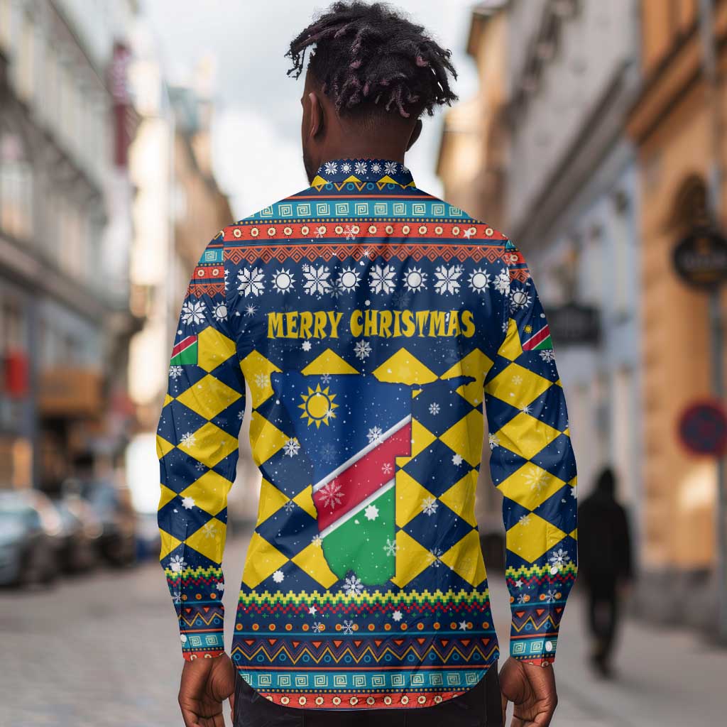 Namibia Christmas Long Sleeve Button Shirt Coat of Arms and Flag Map Motif - African Pride