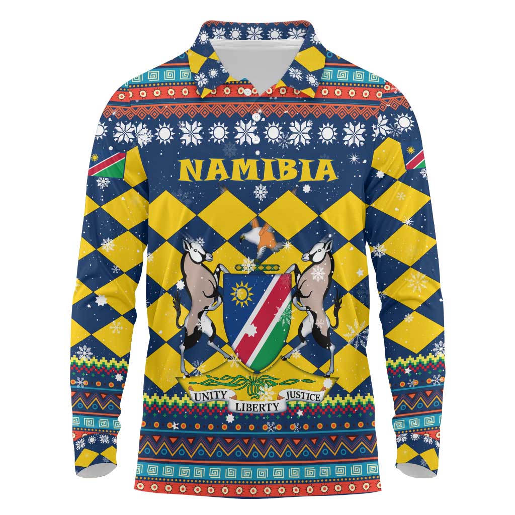 Namibia Christmas Long Sleeve Polo Shirt Coat of Arms and Flag Map Motif - African Pride