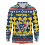 Namibia Christmas Long Sleeve Polo Shirt Coat of Arms and Flag Map Motif - African Pride