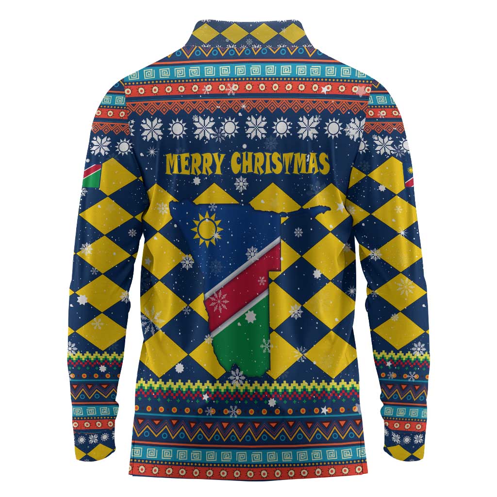 Namibia Christmas Long Sleeve Polo Shirt Coat of Arms and Flag Map Motif - African Pride