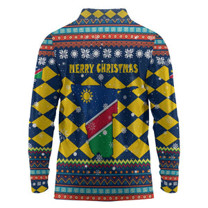 Namibia Christmas Long Sleeve Polo Shirt Coat of Arms and Flag Map Motif - African Pride