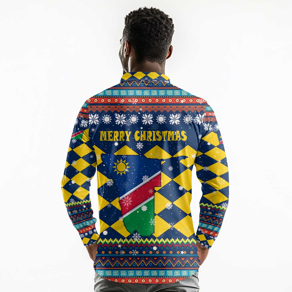 Namibia Christmas Long Sleeve Polo Shirt Coat of Arms and Flag Map Motif - African Pride