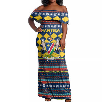 Namibia Christmas Off Shoulder Maxi Dress Coat of Arms and Flag Map Motif - African Pride