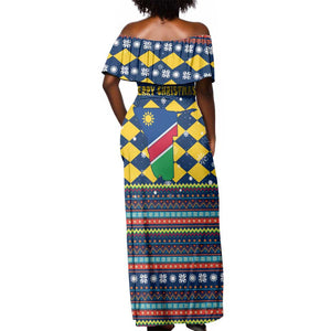 Namibia Christmas Off Shoulder Maxi Dress Coat of Arms and Flag Map Motif - African Pride