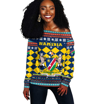 Namibia Christmas Off Shoulder Sweater Coat of Arms and Flag Map Motif - African Pride