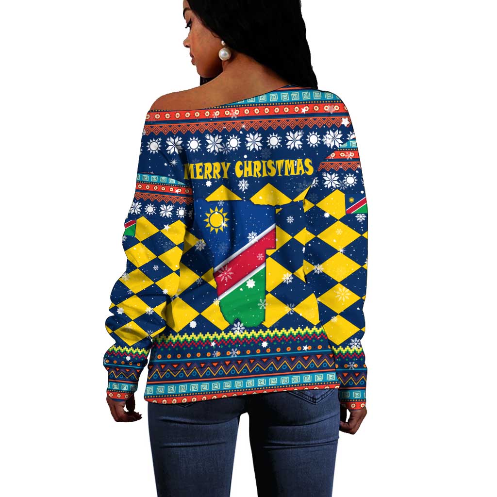 Namibia Christmas Off Shoulder Sweater Coat of Arms and Flag Map Motif - African Pride