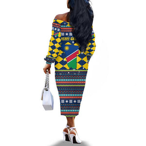 Namibia Christmas Off The Shoulder Long Sleeve Dress Coat of Arms and Flag Map Motif - African Pride