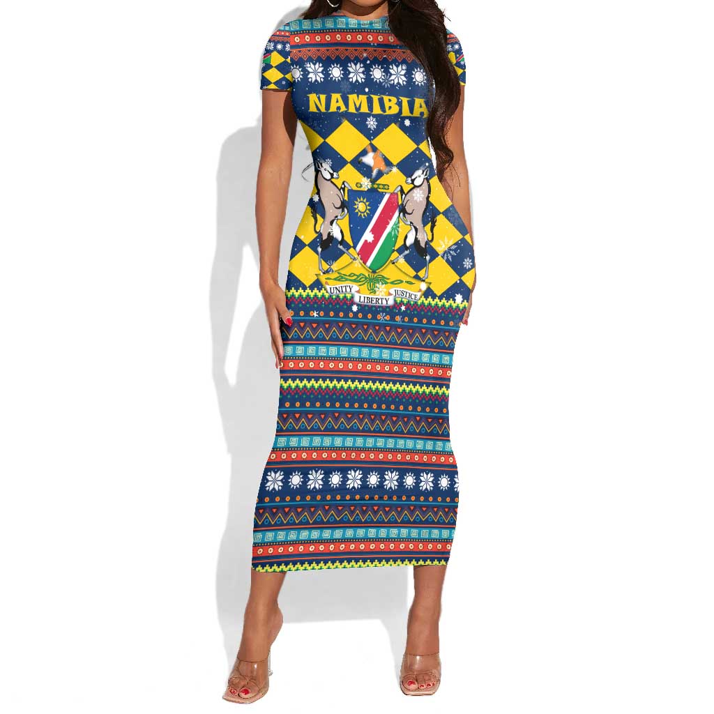 Namibia Christmas Short Sleeve Bodycon Dress Coat of Arms and Flag Map Motif - African Pride