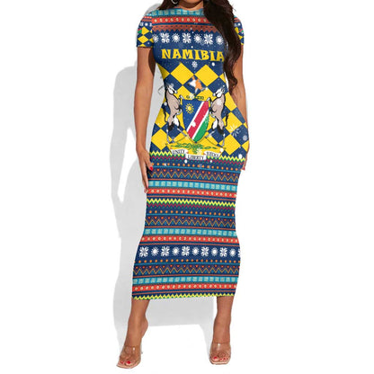 Namibia Christmas Short Sleeve Bodycon Dress Coat of Arms and Flag Map Motif - African Pride
