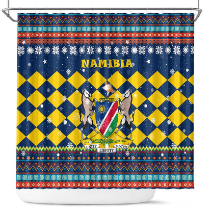 Namibia Christmas Shower Curtain Coat of Arms and Flag Map Motif - African Pride