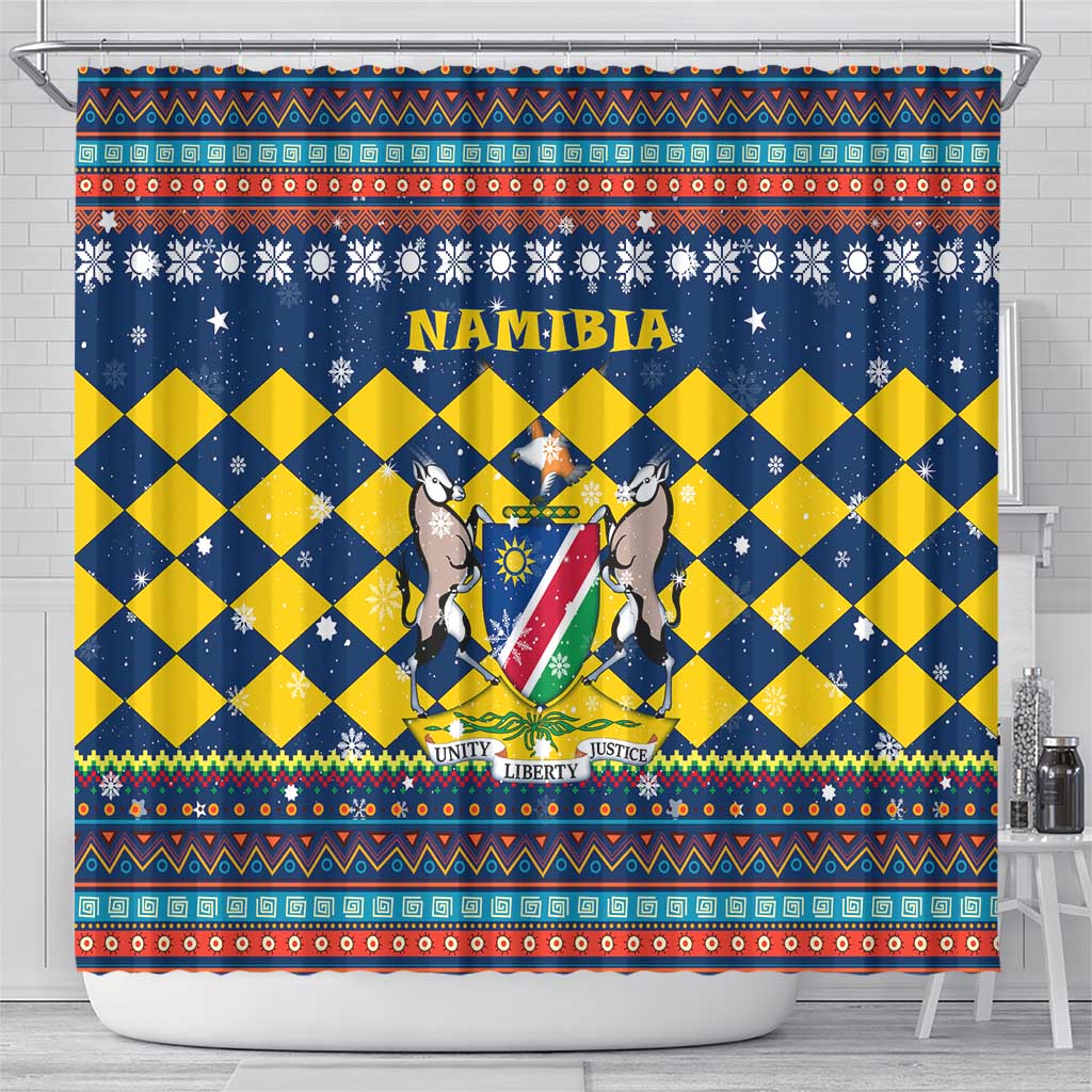 Namibia Christmas Shower Curtain Coat of Arms and Flag Map Motif - African Pride