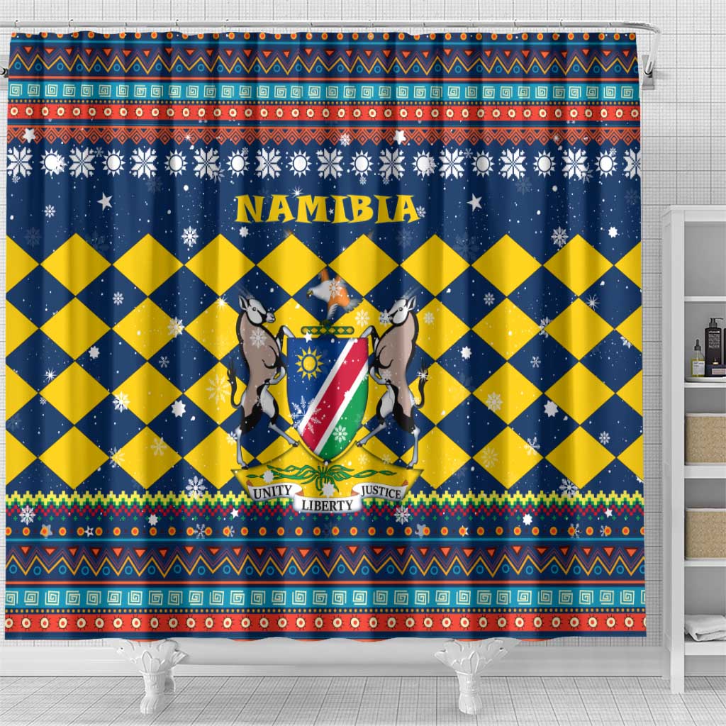 Namibia Christmas Shower Curtain Coat of Arms and Flag Map Motif - African Pride