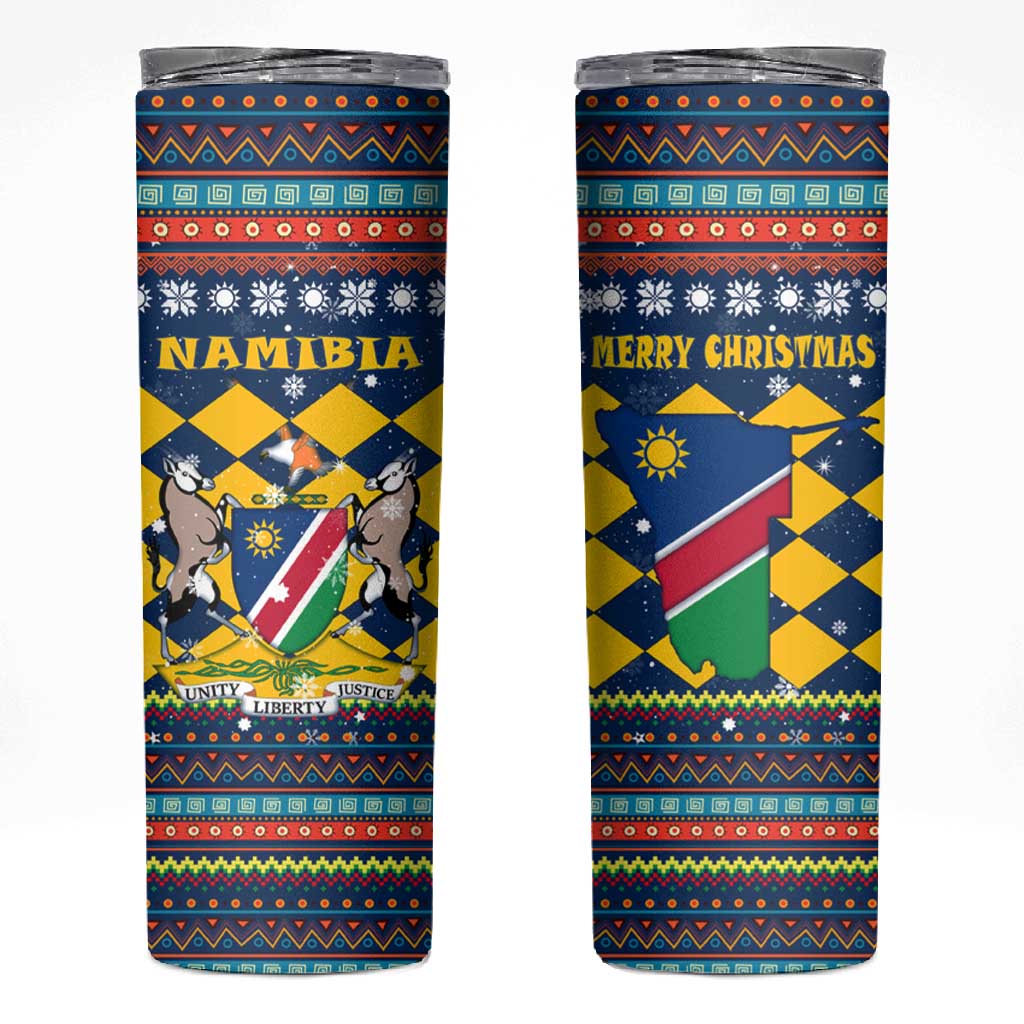 Namibia Christmas Skinny Tumbler Coat of Arms and Flag Map Motif - African Pride
