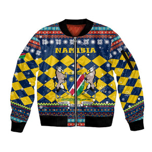 Namibia Christmas Sleeve Zip Bomber Jacket Coat of Arms and Flag Map Motif - African Pride