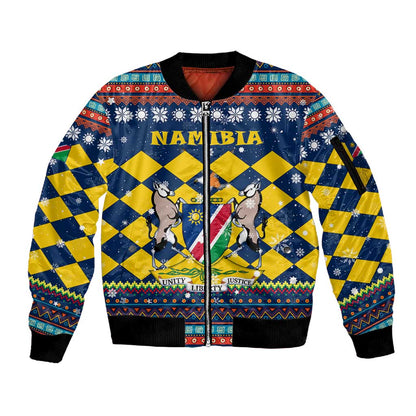 Namibia Christmas Sleeve Zip Bomber Jacket Coat of Arms and Flag Map Motif - African Pride