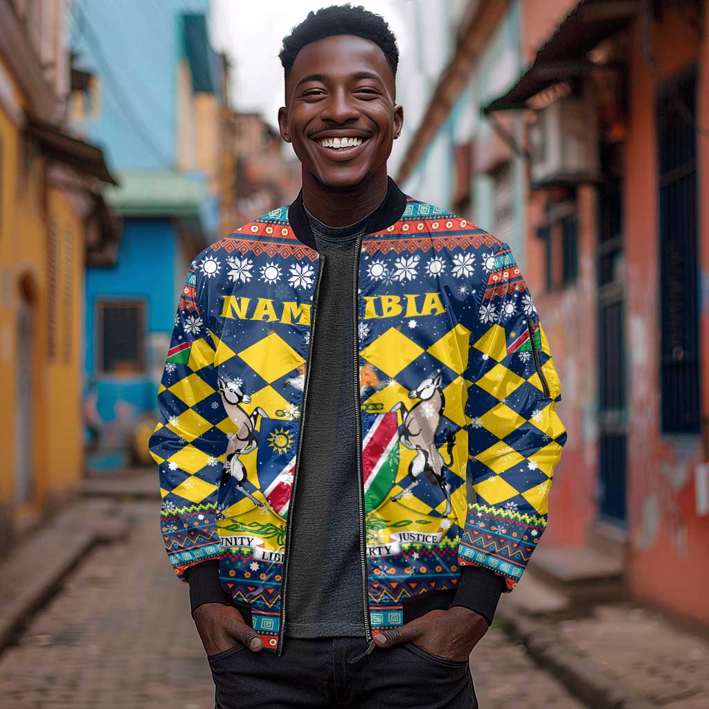 Namibia Christmas Sleeve Zip Bomber Jacket Coat of Arms and Flag Map Motif - African Pride