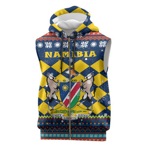 Namibia Christmas Sleeveless Zip Hoodie Coat of Arms and Flag Map Motif - African Pride