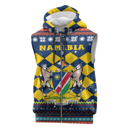 Namibia Christmas Sleeveless Zip Hoodie Coat of Arms and Flag Map Motif - African Pride