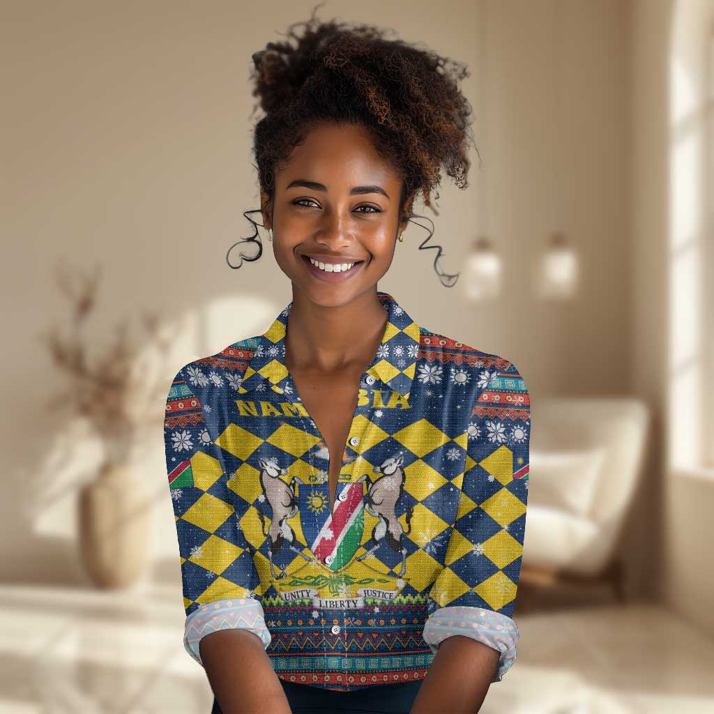 Namibia Christmas Women Casual Shirt Coat of Arms and Flag Map Motif - African Pride