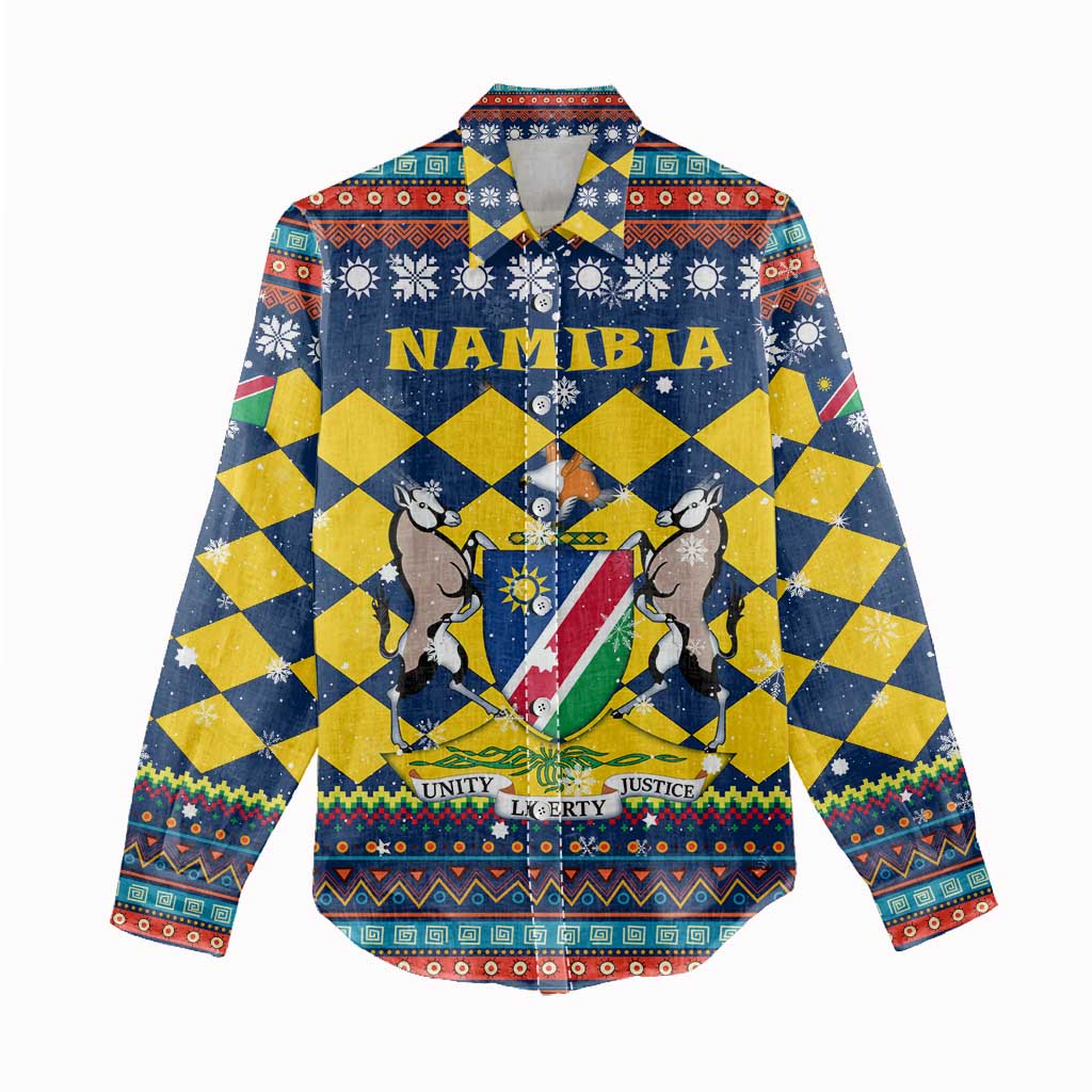 Namibia Christmas Women Casual Shirt Coat of Arms and Flag Map Motif - African Pride