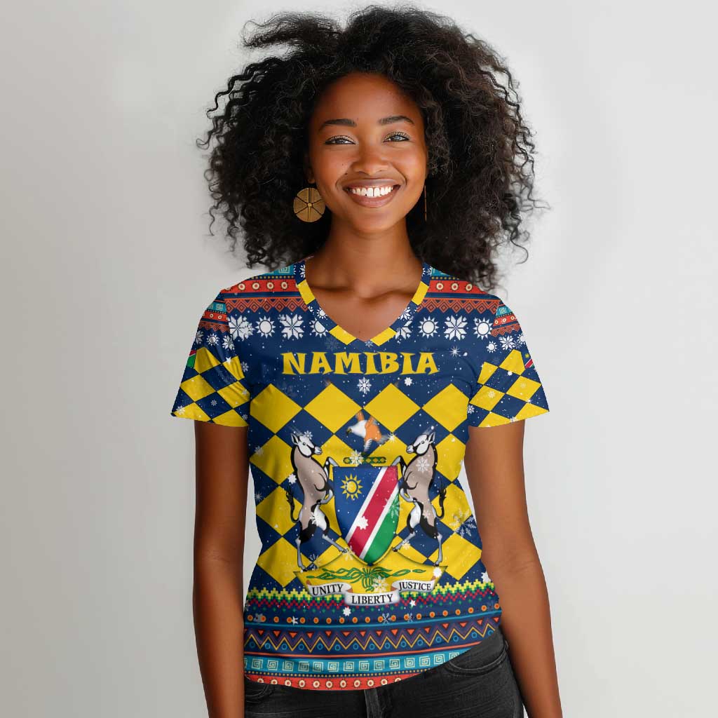Namibia Christmas Women V-Neck T-Shirt Coat of Arms and Flag Map Motif - African Pride